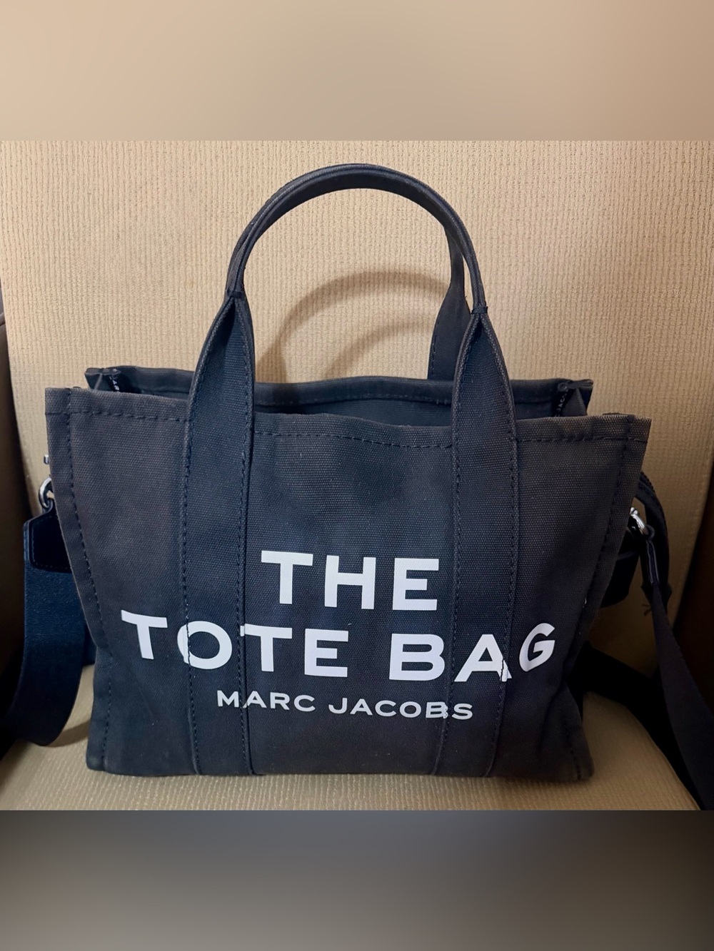 Marc Jacobs Black Canvas Tote Bag with White Logo(Medium)